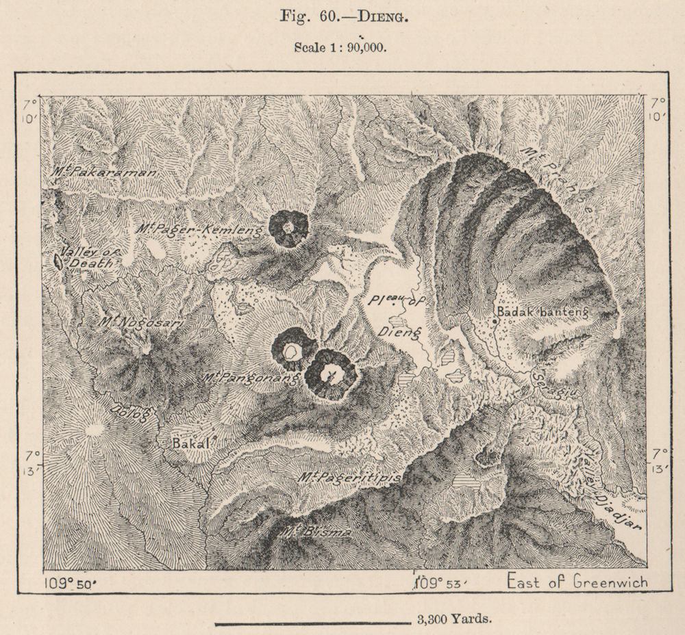 Dieng plateau & volcanic complex, Java, Indonesia. East Indies 1885 old map